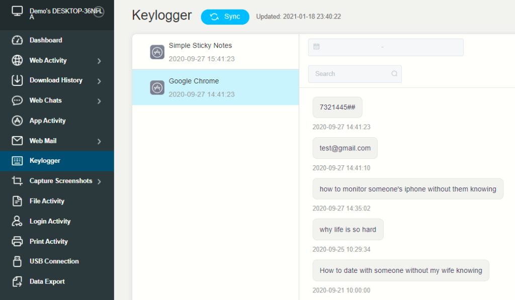 KidsGuard Pro Keylogger Dashboard